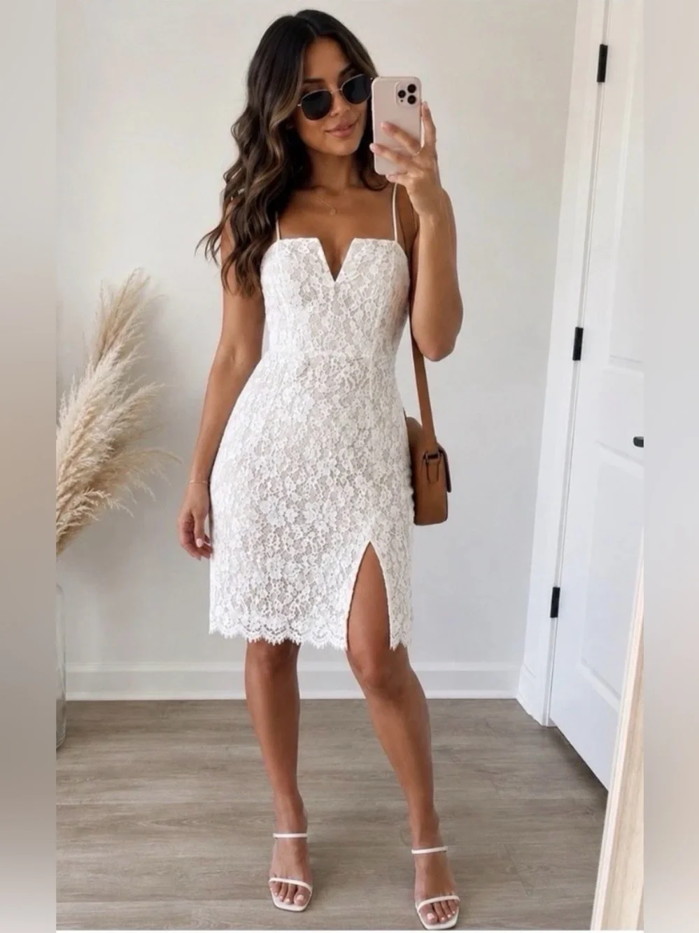 Lulu's White Lace V-Notch Spaghetti Strap Midi Dress